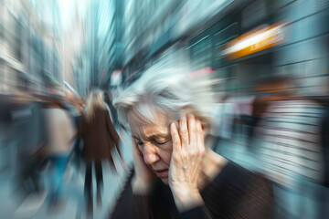 senior woman holds her head suffers dizziness and panic crisis due to Alzheimer's disease on Busy City Street