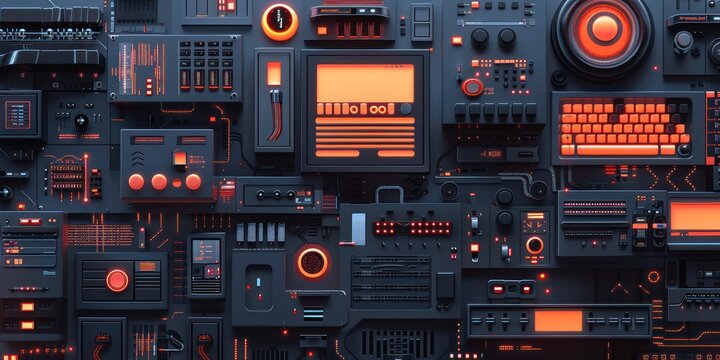 The image is a retro futurism dashboard with a lot of buttons, knobs and switches.