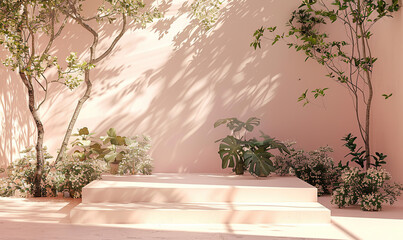 A serene pink-hued interior featuring arches, shadows, and a flower vase on a pedestal. Generate AI