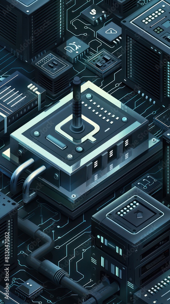 Poster 3d rendering of a futuristic computer chip with glowing blue elements.