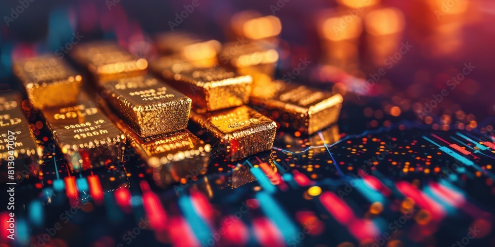 Poster 3d rendering of a circuit board with gold bars on it.