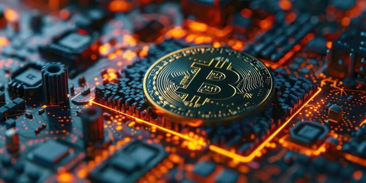 A glowing Bitcoin sits on a computer motherboard.
