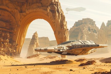 a spaceship flying over a desert