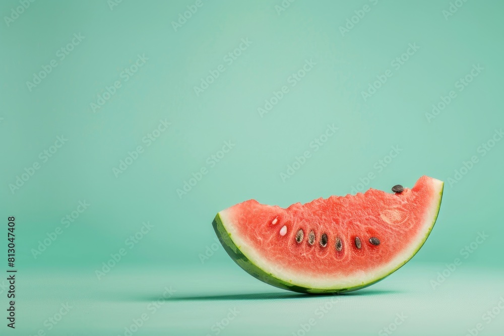 Poster a slice of watermelon is on a green background with copy space