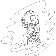 Astronaut in a good mood walks on the Moon with a cassette player and headphones. Cartoon vector illustration for coloring book. Black and white.