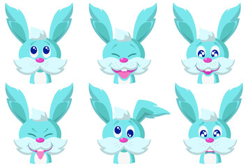 Cartoon emoji set: thinking, laughing, happy, mocking, dizzy, ready to cry. Heads of rabbits. Vector illustration.