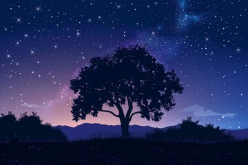 a tree in a field at night