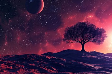 a tree on a hill with a planet in the background
