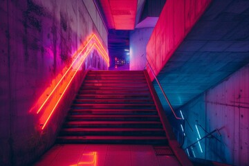 a staircase with neon lights