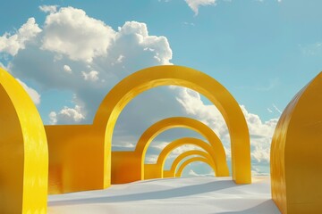 a yellow arch structure with clouds in the sky
