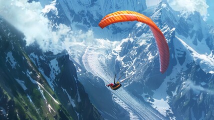 A man flies with a parachute over a snowy mountain landscape, adventure background - Powered by Adobe