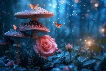 butterflies on mushrooms and a rose