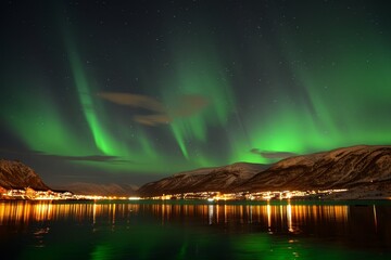 green lights in the sky over a body of water
