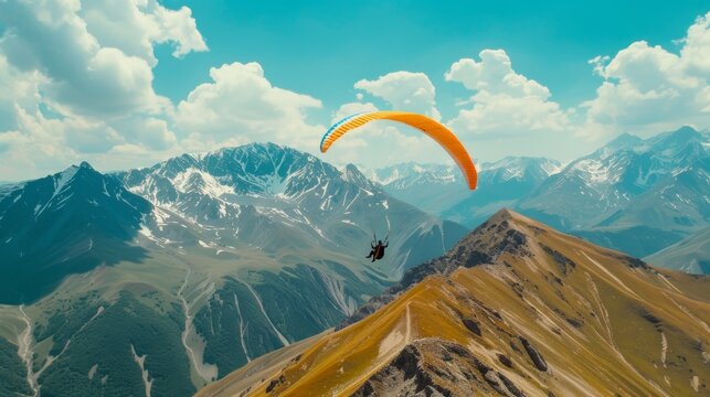 A person paragliding over a mountain range, adventure background