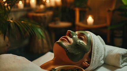 Obraz premium Woman in spa with green clay mask, eyes closed, surrounded by candles, plants. Relaxation and self-care.
