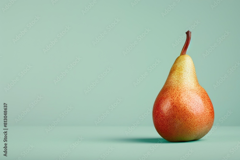 Poster a pear sits on a table with a green background with copy space