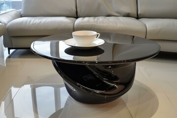 Elegant black coffee table with a white cup and sleek leather sofa in a contemporary living room