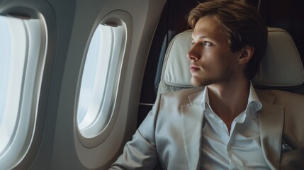 Man Looking Out Airplane Window