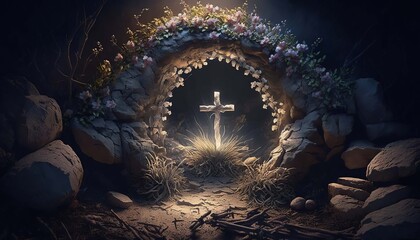 Obraz premium Resurrection - light in an empty tomb with a crucifix at dawn. Generative AI,