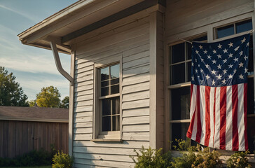 Realistic Illustration: American Flag Adorning a Private House in a Quaint Small Town - Capturing the Spirit of United States Independence Day