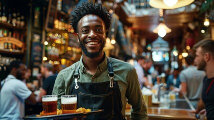 Obraz na płótnie Canvas Smiling Bartender Serving Beers