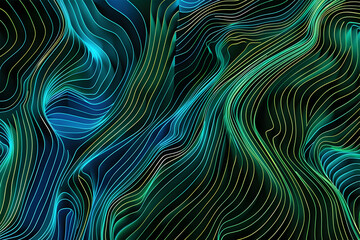 Psychedelic neon lines illustration with glowing green and blue tones. Captivating artwork on black background.