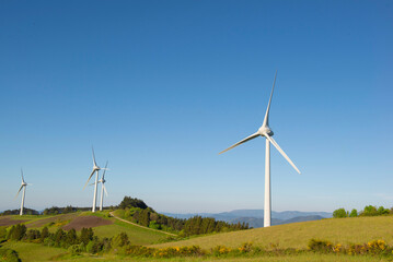 fields of wind turbines on the French hills in the herault on a blue sky background. © coco