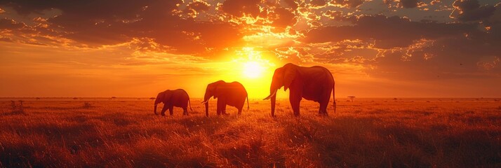 African elephant family walks at sunset in savanna on safari.