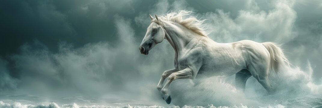 A white stallion runs freely, splashing through water, embodying the essence of equestrian freedom.