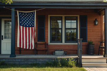 Realistic Illustration: American Flag Adorning a Private House in a Quaint Small Town - Capturing the Spirit of United States Independence Day