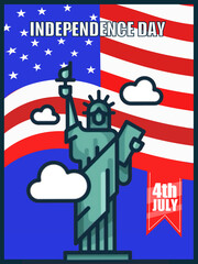 4th of July  Vector illustration, USA flag waving with stars and statue of liberty