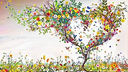 Vibrant and whimsical floral design depicting a heart formed by branches with colorful flowers, butterflies, and foliage against a white cloudy sky background.
