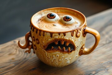 Artistic coffee mug with monster face design, placed on a wood surface