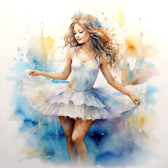 A fairy classic dancer among colored confetti against a watercolored background