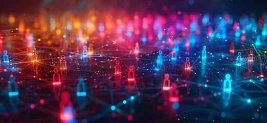 Obraz premium Futuristic Network Connections with Human Icons in a Digital Landscape 