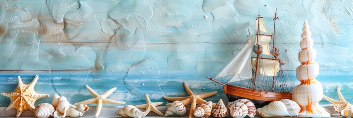 summer background made of seashells and Maritime objects. copy space