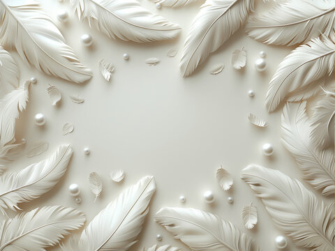 White feathers background. Delicate feathers and pearls frame for anniversary or wedding design, white feathers with pearls wallpaper with copy space background illustration. Beautiful feathers card