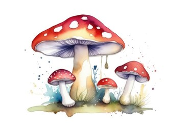 Wild mushroom fly agaric. Amanita watercolor illustration.