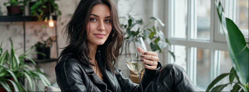 A woman with dark hair and a black clothing, sitting at a home table. A glass of wine is in her hand.