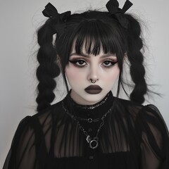 Una linda chica gótica con dos trenzas y lindo lápiz labial negro