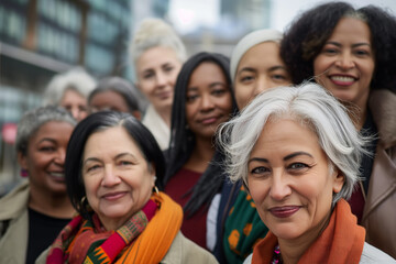 Obraz premium Multicultural group of women of various ages confidently smiling against an urban backdrop, exemplifying diversity, unity, and empowerment in the heart of the city