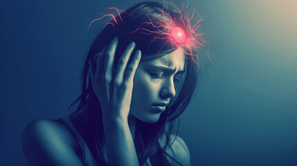 Digital composite image of a young woman in distress, clutching her head with visual effects symbolizing sharp pain, illustrating the intense discomfort of a migraine attack - Powered by Adobe