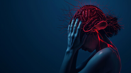 Digital composite image of a stressed person with a glowing. Red brain representing mental strain. A conceptual illustration ideal for health. Psychology. And neurology themes on dark blue background
