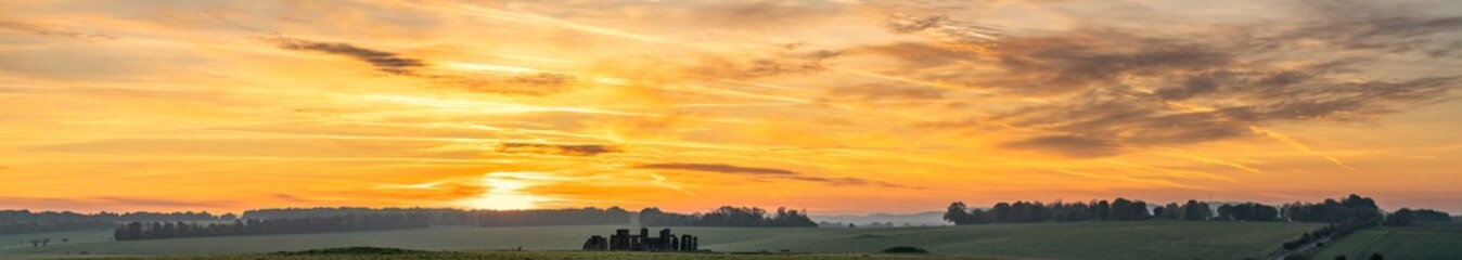 Panoramic sunrise view of Stonehenge in England. United Kingdom 