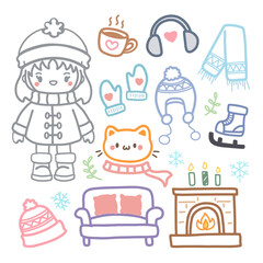 Cute Winter Doodle Set with Cozy Elements and Characters