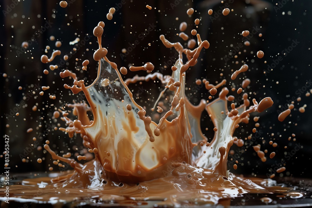 Poster highspeed capture of a coffee splash, creating a dynamic liquid pattern on a dark backdrop