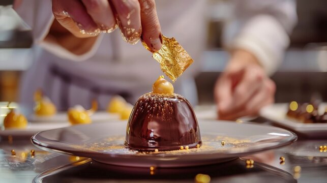 A chef carefully sprinkles gold leaf onto a decadent chocolate dessert, adding the finishing touch to a work of art.