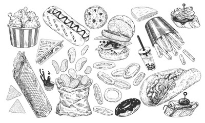 Set of fast food. Hand drawn burger, tacos, french fries, hot dog, chicken nuggets, sandwich, bag of chips, onion rings, tapas. Sketch style collection of street food isolated in white background