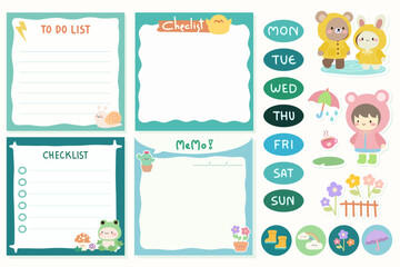Set of Cute template notes with Rainy season theme. Memos and stickers. Cute paper memo template. Notes, memos and to do lists used in a diary, home or office.