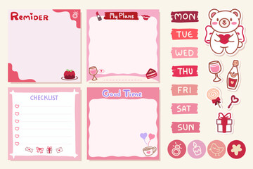 Set of Cute template notes with valentine theme. Memos and stickers. Cute paper memo template. Notes, memos and to do lists used in a diary, home or office.